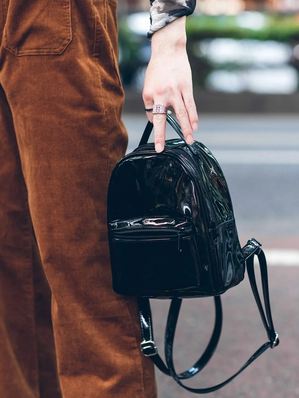 H&M Black Patent Mini Faux Leather Backpack